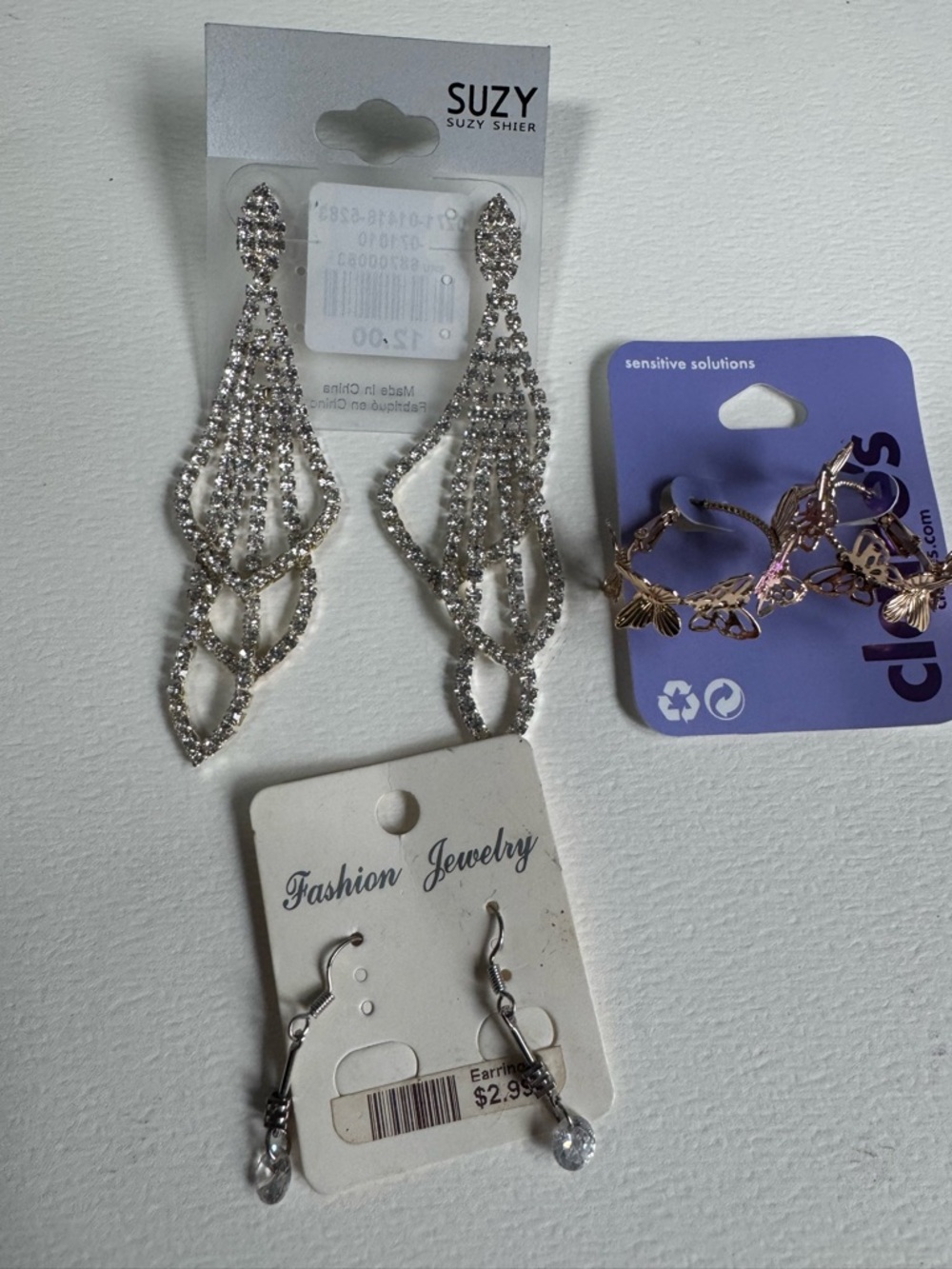 New set of three Silver Crystal Drop Earrings - Elegant Rhinestone Chandelier